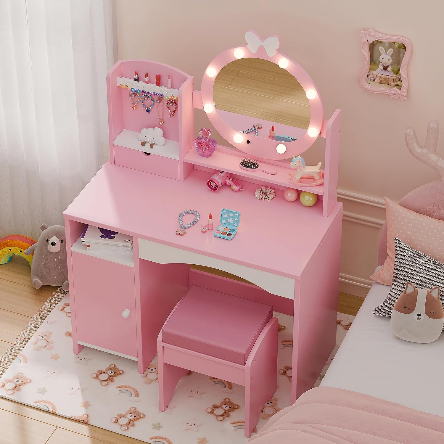 TOLEAD Kids Vanity, Girls Vanity Set with Mirror and Stool and Lights, Toddler Vanity Table and Chair Set with Jewelry Storage, Wooden Princess Makeup Desk Dressing Table for Girls, Pink