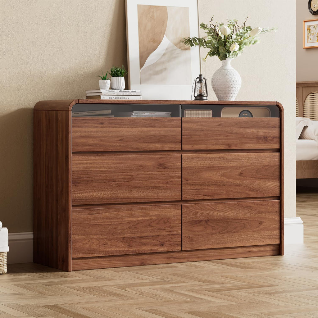 Ieejdn 47.2' Dresser with 6 Drawer, Wide Dresser with Recessed Glass Display & Silent Metal Rails, Handleless Chest of Drawers for Clothes, and Bedding, Walnut