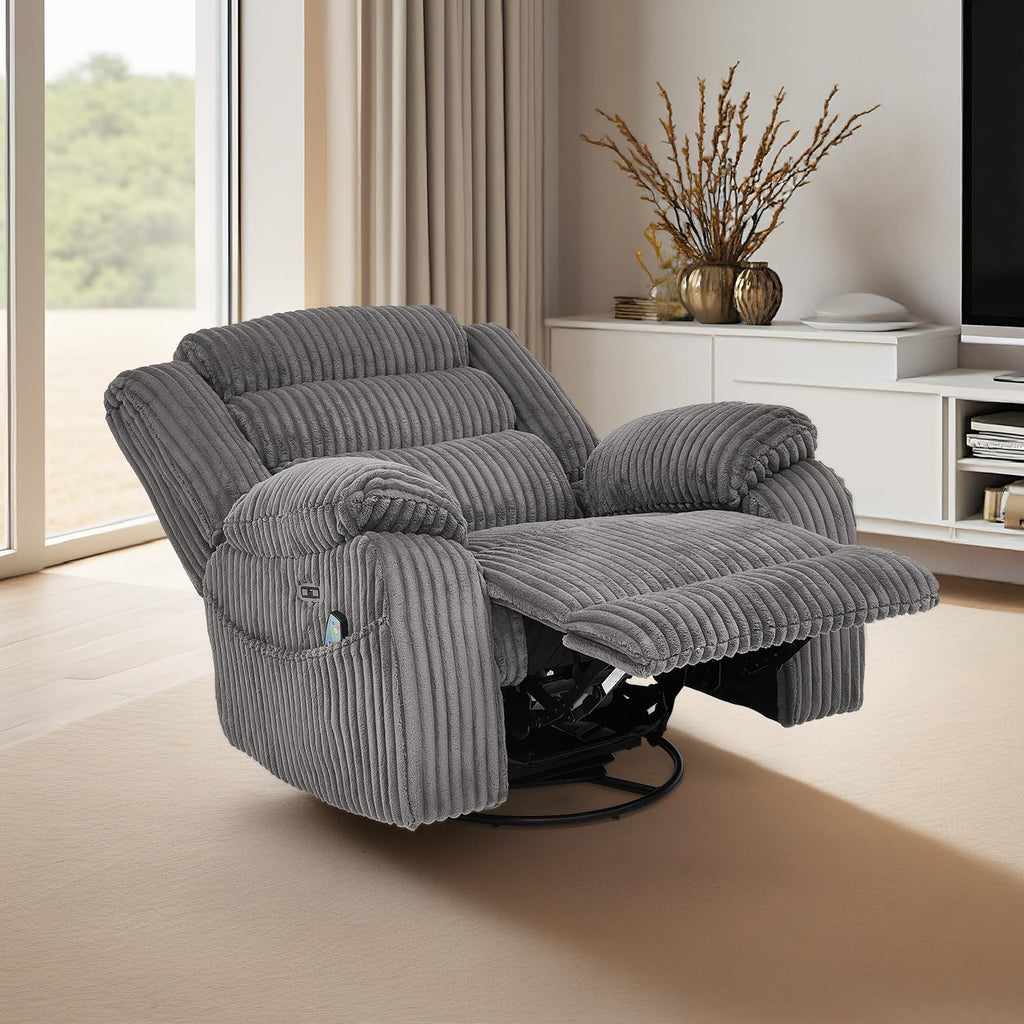 ERYE Oversized Glider Rocker Chair 270° Swivel & Power Reclining Chair W/Vibration Heat and USB-C Ports,Power Recliner Armchair Corduroy Upholstered Nursery Armchair