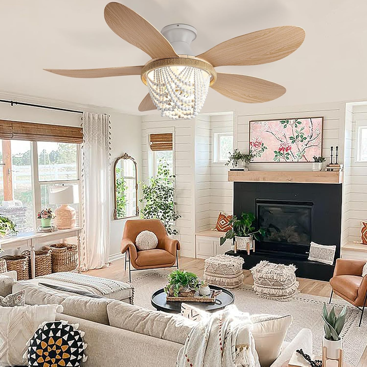 Boho Ceiling Fans with Lights and Remote, Wood Beaded 52 inch Ceiling Fan with Light,6 Speed Reversible Motor LED Flush Mount Ceiling Fans, Ceiling Fan Light for Bedroom Living Room (ABS Blades)