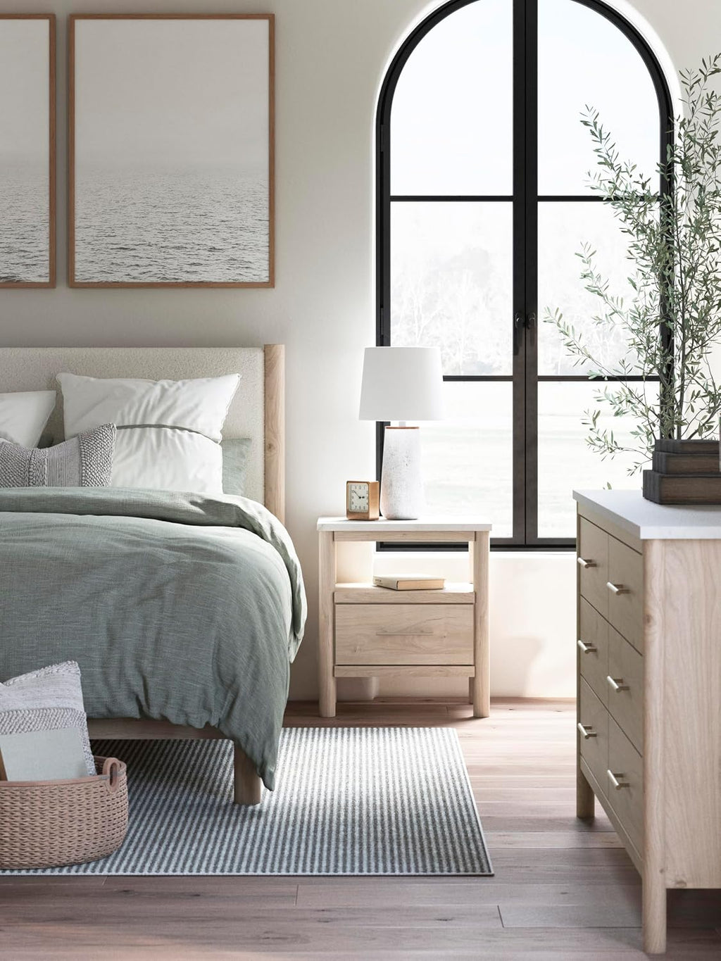 Signature Design by Ashley Cadmori Casual Bohemian Dresser with Post Legs and 6 Drawers, Replicated Marble Top, Wood, 35' High, White and Light Brown Finish