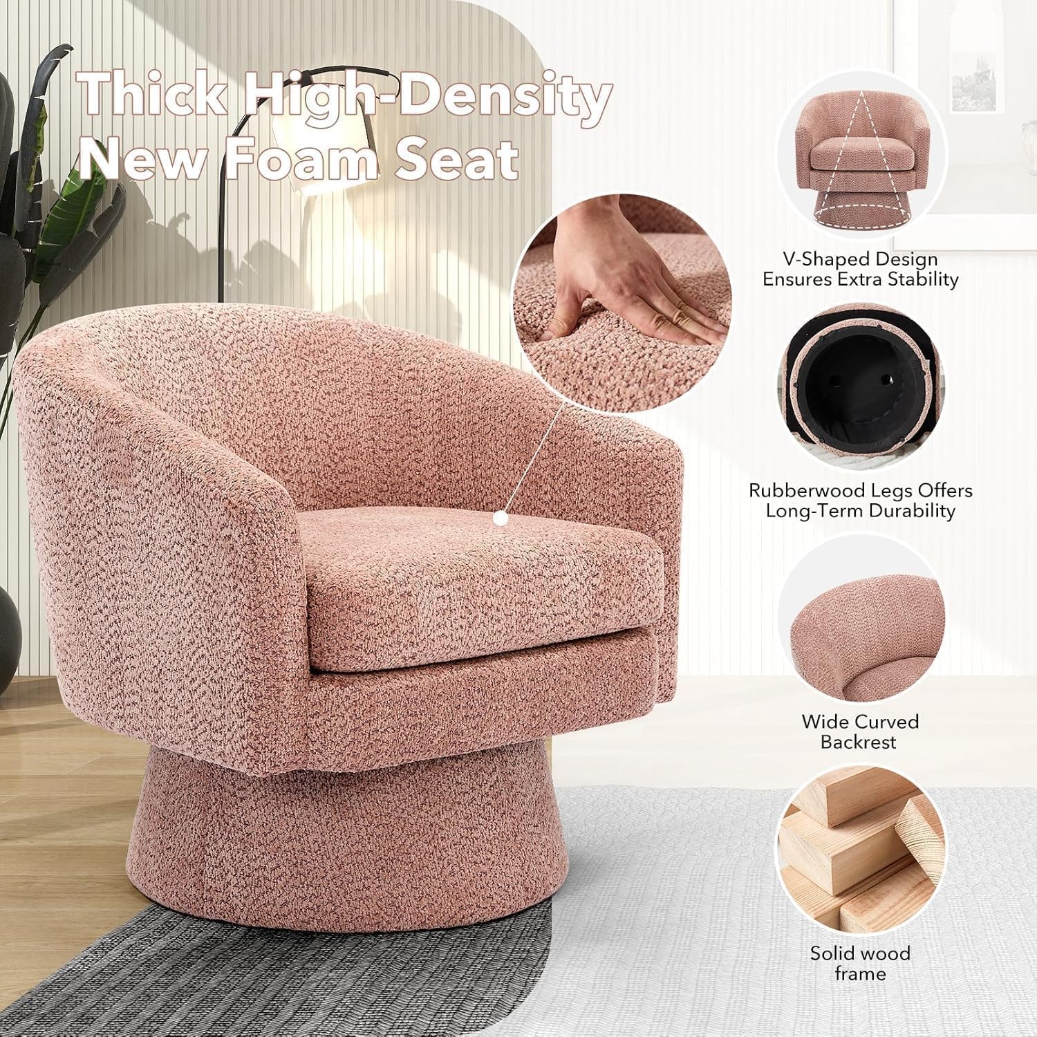 360° Swivel Barrel Accent Chair, Modern Chenille Upholstered Armchair with Curved Back, Soft Cushion & Arms, Wooden Frame, Storage Pocket, Comfy Reading Lounge Chair for Living Room, Bedroom, Office