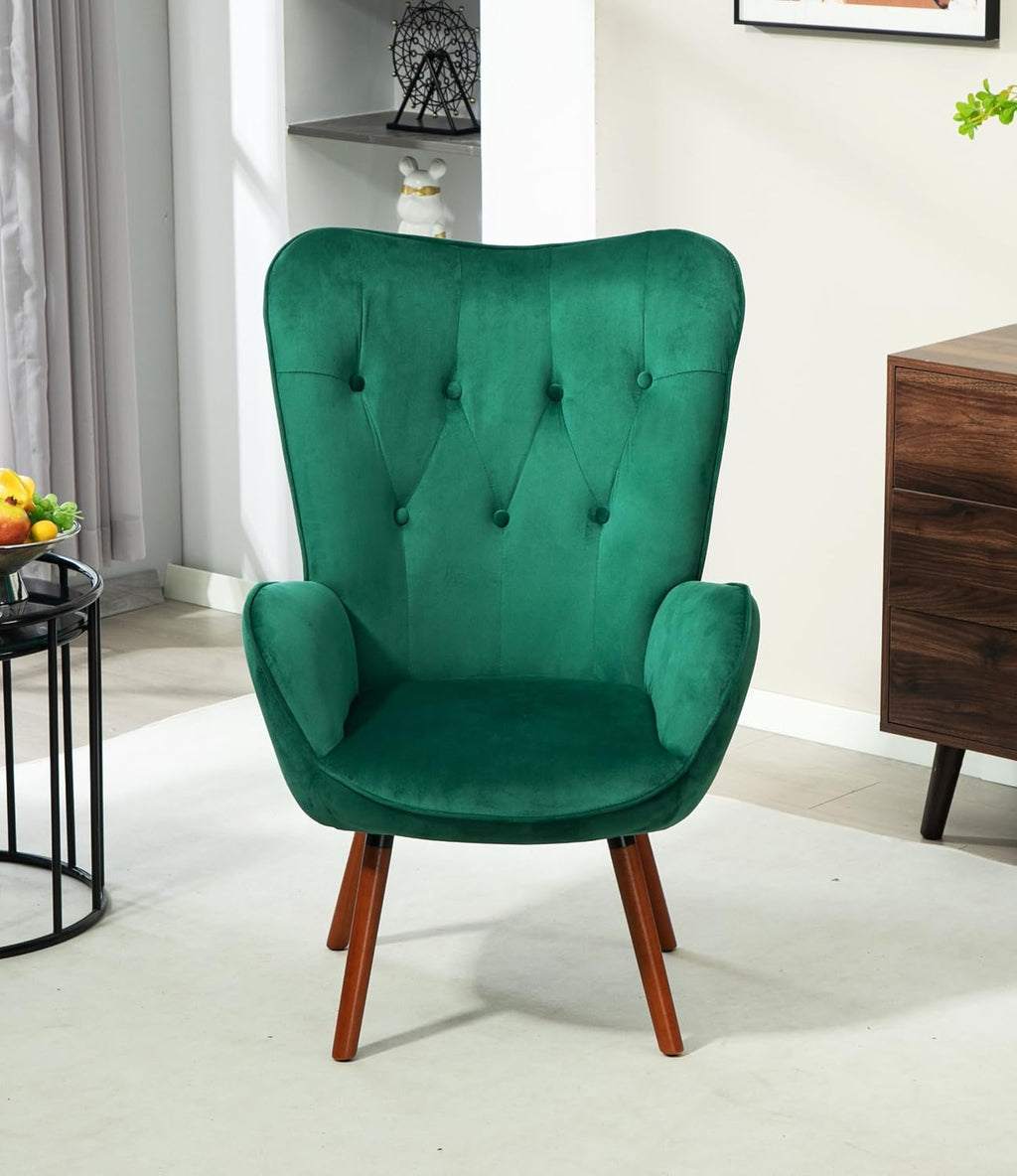 Container Furniture Direct Chic Accent Arm Chairs for Living Room, Bedroom, or Home Office, Button-Tufted Midcentury Armchair with Wingback Design and Splayed Legs, Green