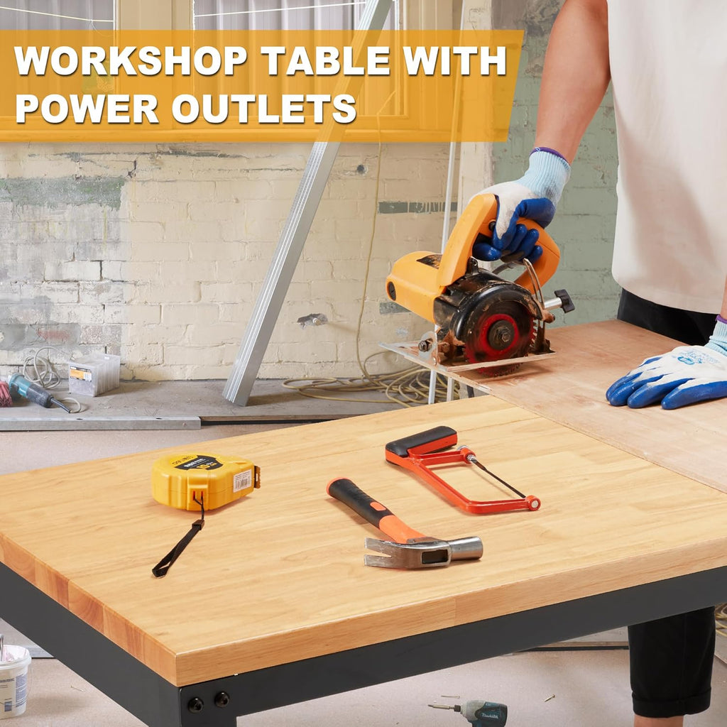 HABUTWAY Height Adjustable Workbench 60' 2000 Lbs Capacity Solid Wood Work Station Heavy-Duty Work Tables with Power Outlets for Garage Party Shop Office