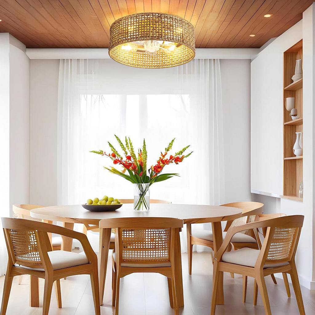 Fandelier Ceiling Fan with Light, 20 Inch Rattan Fans 。Remote Control ，Boho Caged，Handwoven，Flush Mount Low Profile 6 Speeds for Bedroom, Living Room,Dining Room.Yoga Room