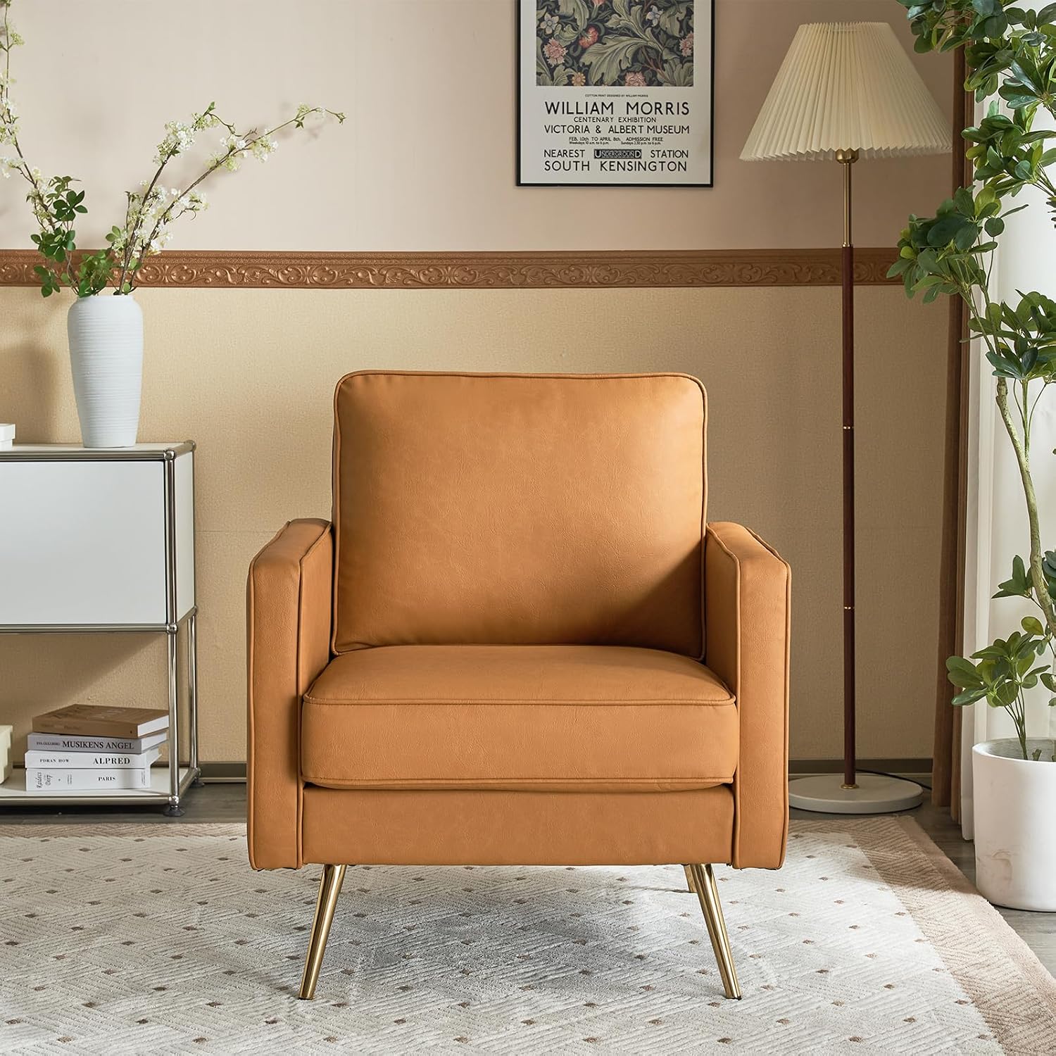 VINGLI PU Leather Accent Chair, Mid-Century Modern Living Room Chairs with Removable Cushions, Gold Legs, Upholstered Sofa Armchair for Bedroom, Office, Apartment, Play Room