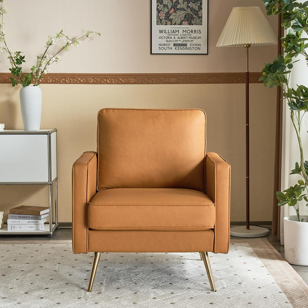 VINGLI Modern PU Leather Accent Chair, Single Sofa Chair with Pocket Coil Seat, Metal Backrest & Solid Wood Frame, Upholstered Armchair for Living Room, Bedroom or Office
