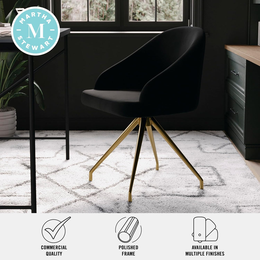 Martha Stewart Sora Stationary Swivel Task Chair with Sloped Arms for Home Office in Black Velvet with Polished Brass Frame