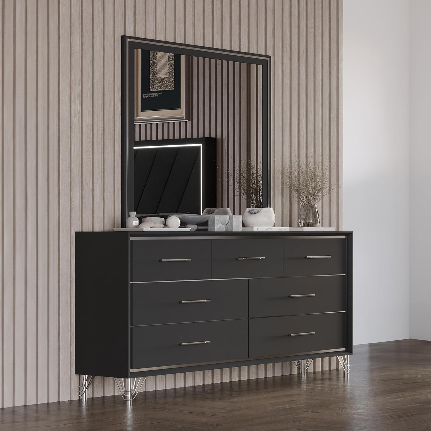 New Classic Furniture Ava 2-Piece Wood Dresser and Mirror Set, Ebony Black