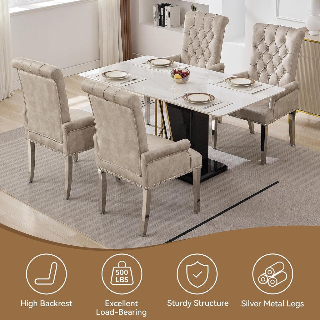 WUTUTUEE Velvet Dining Chair with Arms, Upholstered Tufted High Back Dining Room Chairs, Accent Armchair with Chrome Leg and Nailhead Trim, Kitchen Dining Living Room, Beige (Ivory)