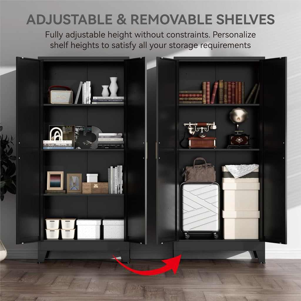 Farmhouse Pantry Cabinet with Barn Doors,61' H x 27.5' W,Metal Cabinet with Adjustable Shelves,4-Tier Storage Cabinet for Kitchen Dining Room Garage Office,Black 1 Pack