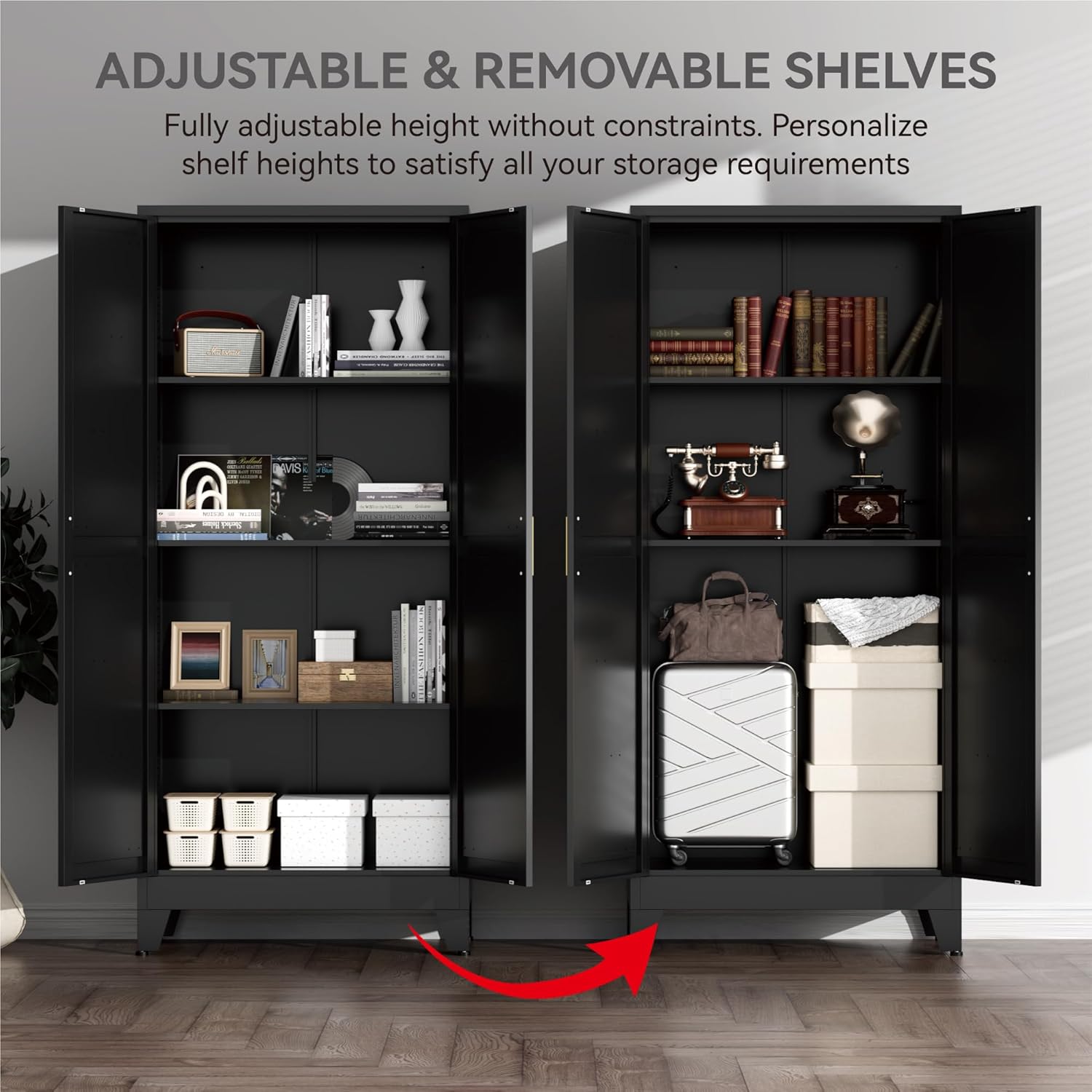 Farmhouse Pantry Cabinet with Barn Doors,61' H x 27.5' W,Metal Cabinet with Adjustable Shelves,4-Tier Storage Cabinet for Kitchen Dining Room Garage Office,Black 1 Pack