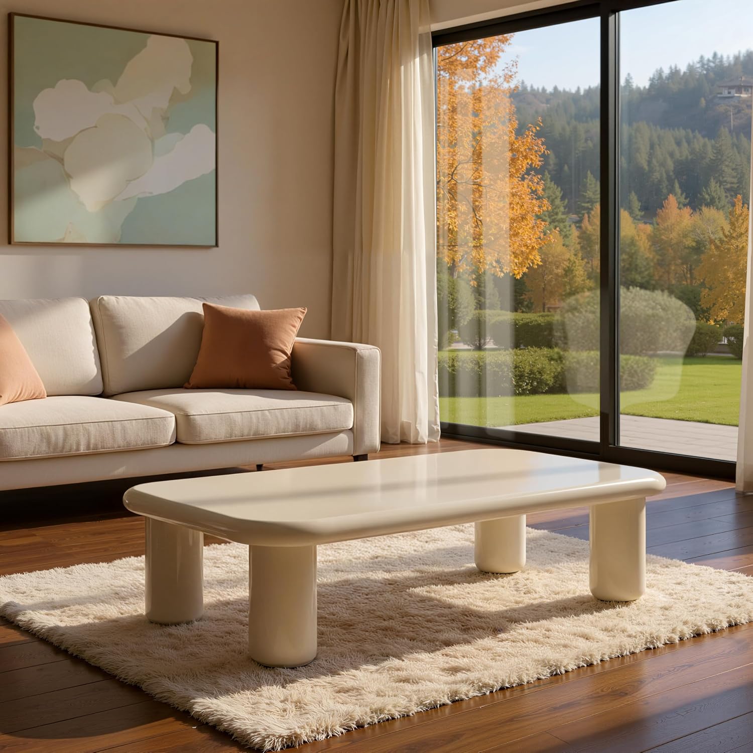 Acanva Modern Coffee Tables with High Glossy Finish, Curved Edges, Accent Center Furniture for Living Room Home Office, Long Table, White