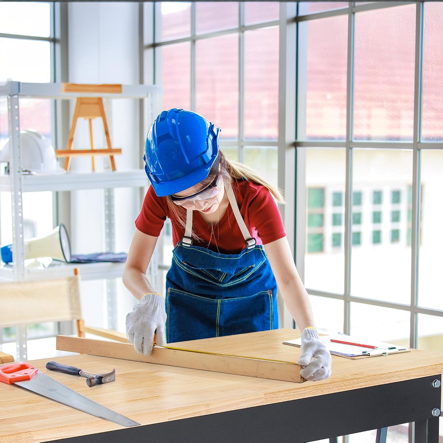 60' Adjustable Work Bench, Rubber Wood Top Workbench Heavy-Duty Work Table with Power Outlet and Wheels, 2000 LBS Load Capacity Hardwood Work Benches for Garage, Workshop, Home, Office, Easy Assembly