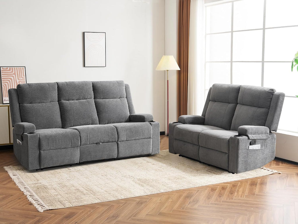Manual Recliner Sofa Set for Living Room, Comfy Chenille Loveseat Recliner Sofa & Deep Seat Reclining Couch, RV Wall Hugger Loveseat Sofa Set for Living Room Furniture Sets(Gray)