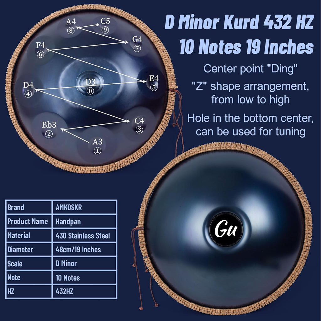 Handpan 19 inch D Minor Kurd Handpan 10 Notes Handpan Drum Instrument for Professional Performance, 432HZ Sound Handpan Drums for Adults