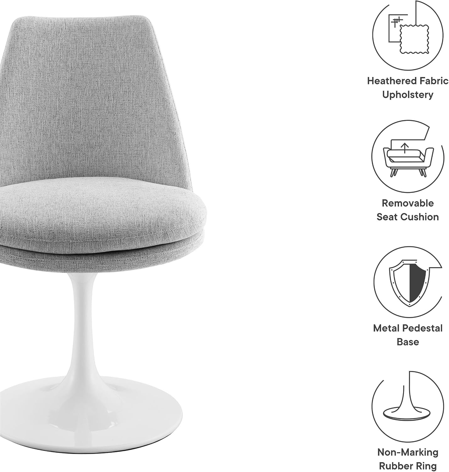 Modway Lippa Upholstered Swivel Dining Side Chair in White Light Gray - Armless Woven Heathered Fabric Accent Chair with Pedestal Base - 360° Office Desk Rotating Chair with No Wheels