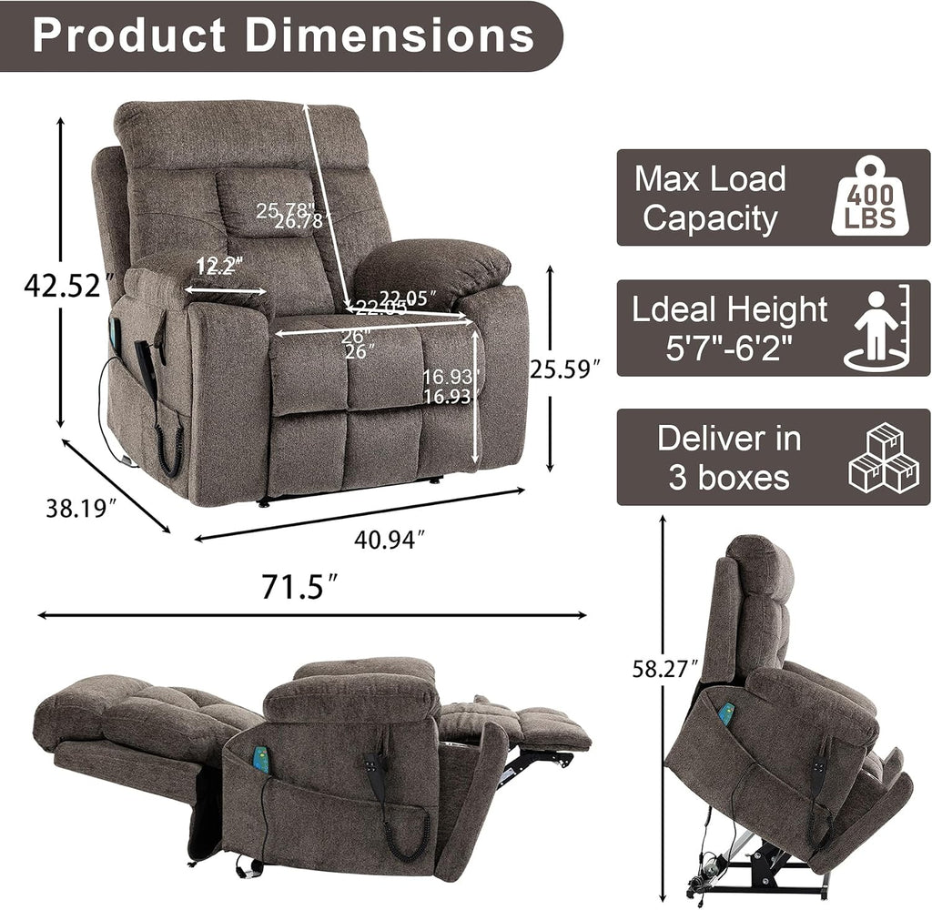 Oversized Lift Recliner Chair for Big and Tall Elderly, 26' Extra Wide Seat Power Lift Recliners with Heat and Massage, Dual Motor Electric Lay Flat Living Room Sofa with Lumbar Pillow