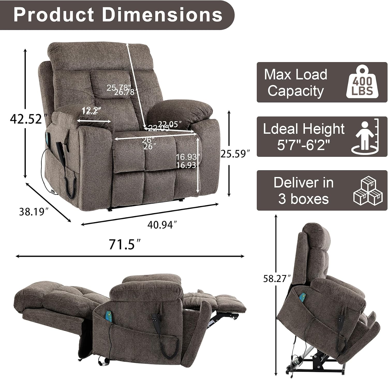 Oversized Lift Recliner Chair for Big and Tall Elderly, 26' Extra Wide Seat Power Lift Recliners with Heat and Massage, Dual Motor Electric Lay Flat Living Room Sofa with Lumbar Pillow