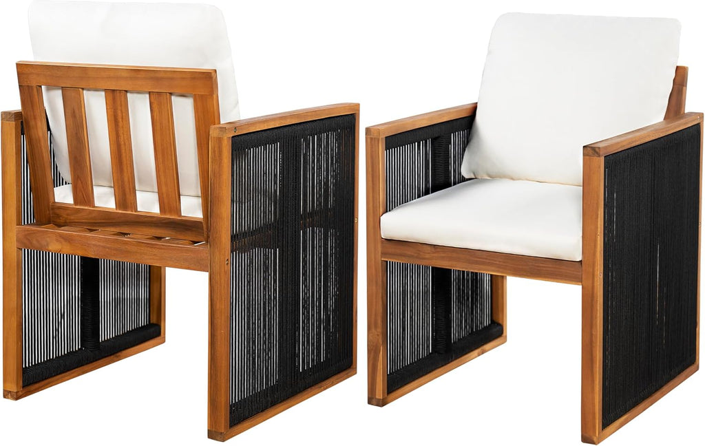 Christopher Knight Home Kiaya Outdoor Dining Chairs Set of 2 with Rope-Wrapped Accents, Acacia Wood Patio Dining Room Chair with Seat and Back Cushions, Comfy Outdoor Chairs Set of 2, Cream+Teak+Black