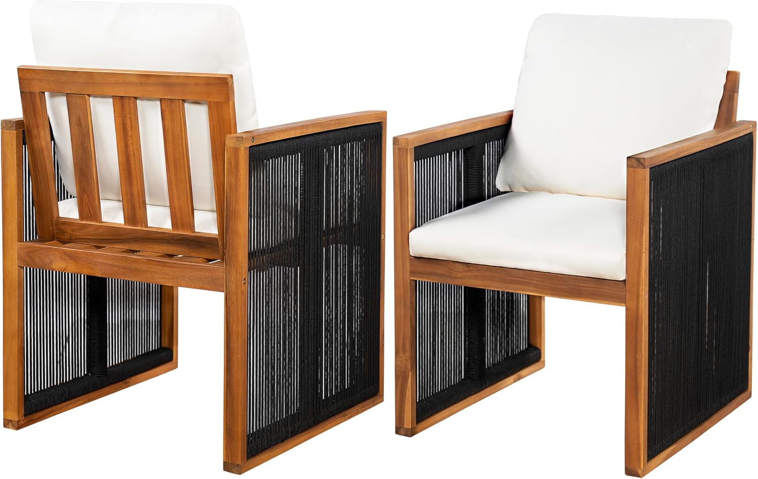 Christopher Knight Home Kiaya Outdoor Dining Chairs Set of 2 with Rope-Wrapped Accents, Acacia Wood Patio Dining Room Chair with Seat and Back Cushions, Comfy Outdoor Chairs Set of 2, Cream+Teak+Black