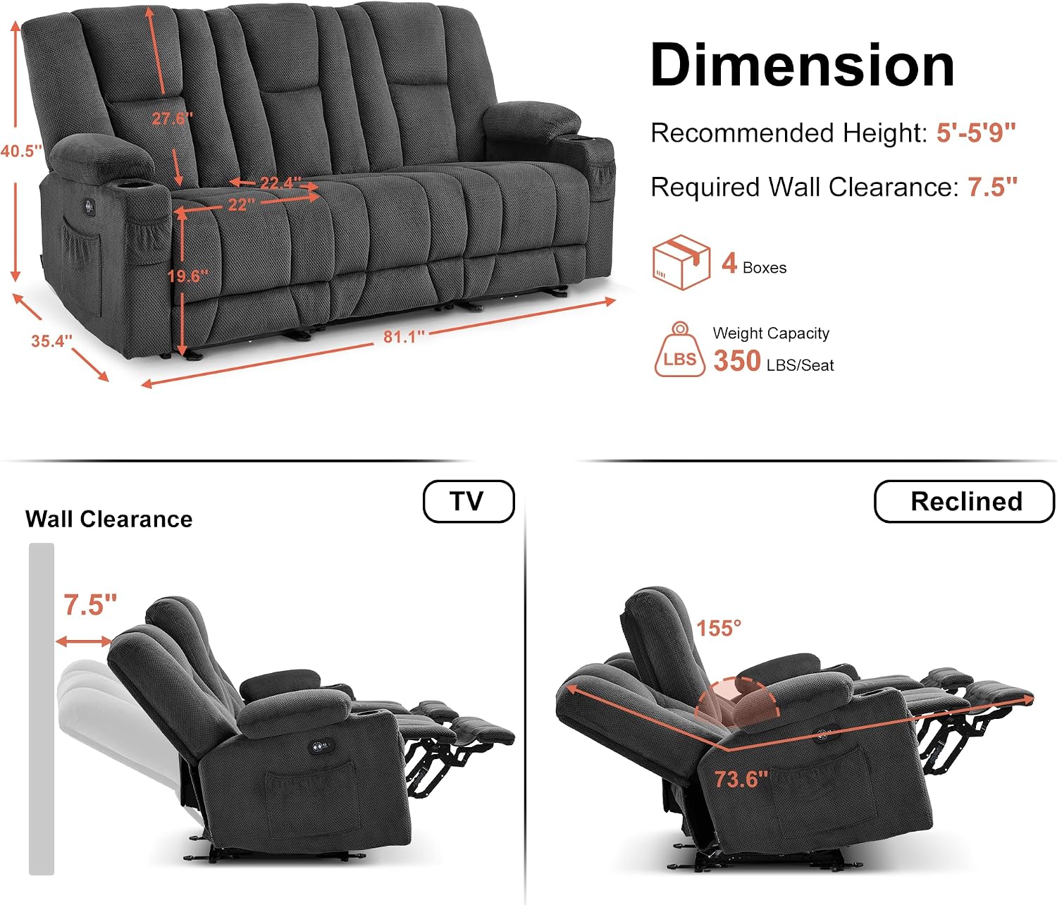 MCombo Zero Gravity 3 Seater Power Reclining Sofa, Heat and Vibration Massage, Recliner Couch for Living Room, Fabric 6035SET (Grey, 3 Seater)