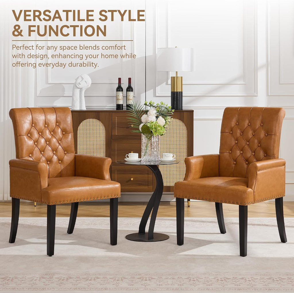 WUTUTUEE PU Leather Dining Chair with Arms, Upholstered Tufted High Back Dining Room Chairs, Accent Armchair with Solid Wood Leg and Nailhead Trim, Kitchen Dining Living Room, Brown