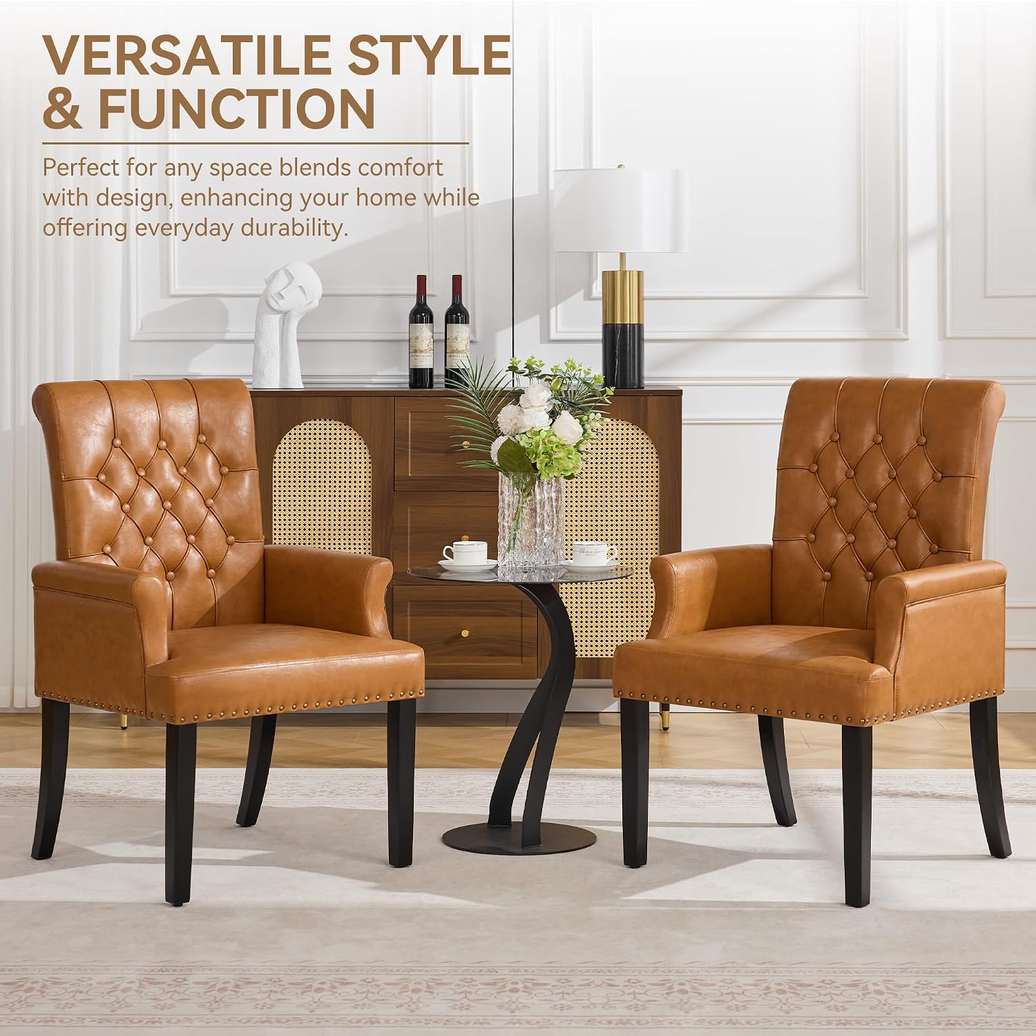 WUTUTUEE PU Leather Dining Chair with Arms, Upholstered Tufted High Back Dining Room Chairs, Accent Armchair with Solid Wood Leg and Nailhead Trim, Kitchen Dining Living Room, Brown