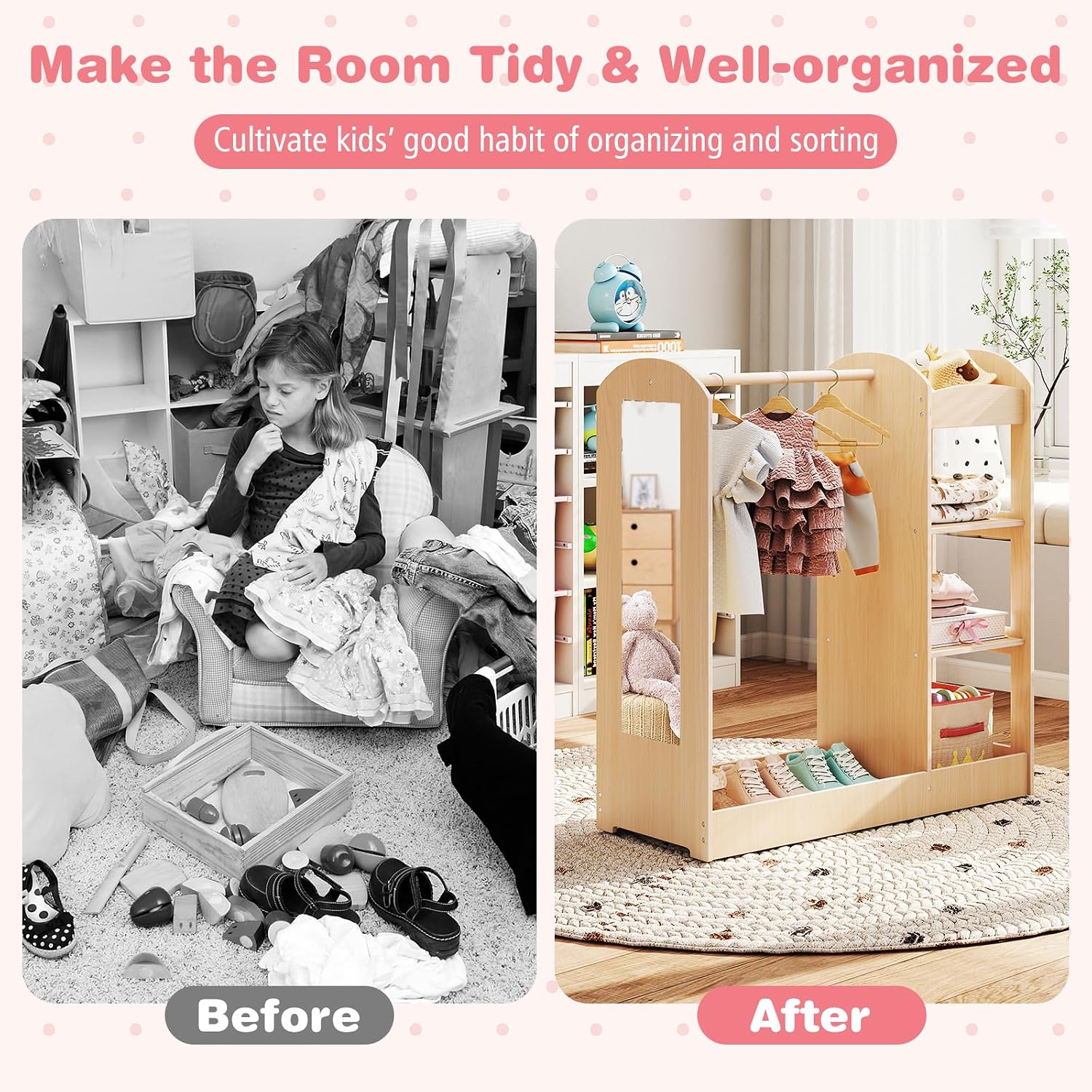 Costzon Kids Dress up Storage with Mirror, Clothes Rack, 3-Tier Shelves, Bottom Tray, Pretend Play Costume Dresser Organizer Center, Open Hanging Armoire Closet for Little Girls (Natural)