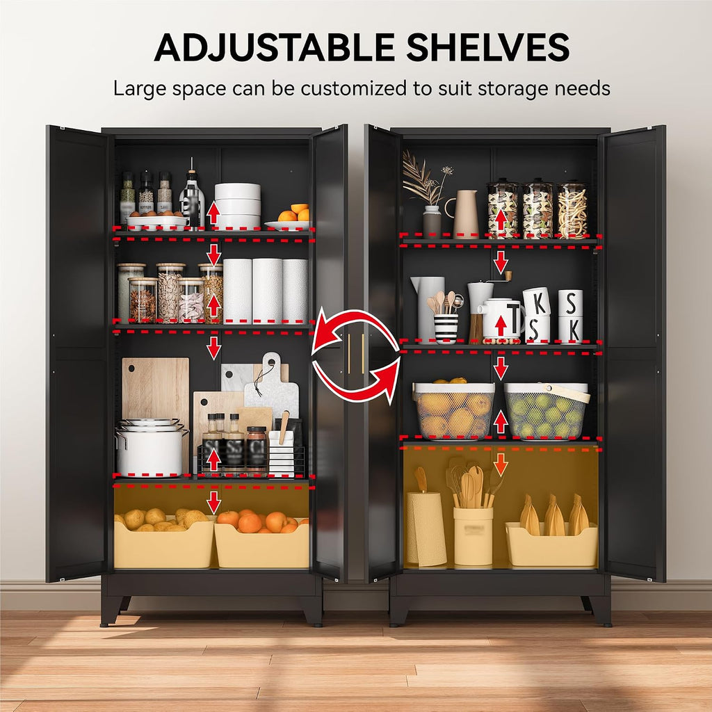 COFaR 61' Metal Pantry Cabinet in Black, Modern Storage Cabinet with Adjustable Shelves, Sturdy Metal Cupboard for Kitchen, Office, Living Room & Bathroom Organization