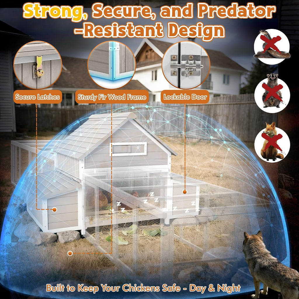 Ketive Extra Large Chicken Coop with 2 Runs for 8–10 Chickens Outdoor Wooden Hen House Poultry Cage with 6 Nesting Boxes, Dual Ramp Doors, Slide-Out Tray & Curved Roof (198.6' L x 38' W x 40.2' H)