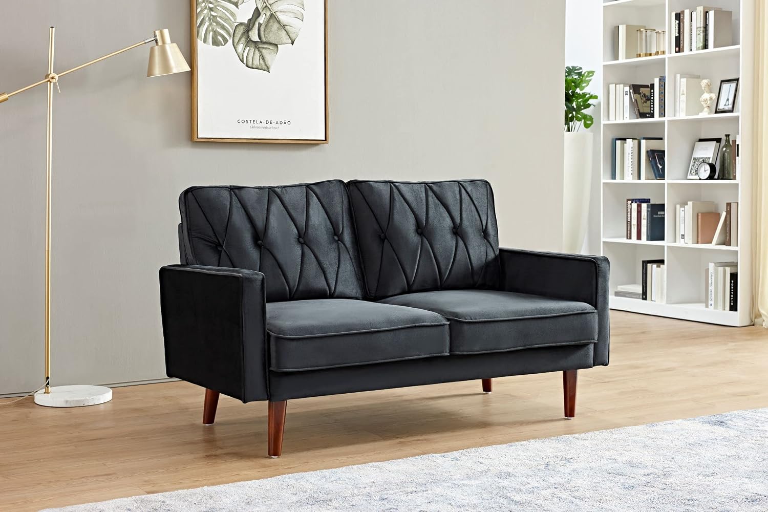Container Furniture Modern Style Tufted Velvet Couches for Living Room with Soft Fabric Upholstery and Solid Wood Frame, 2 Piece Sofa and Loveseat Set, Black