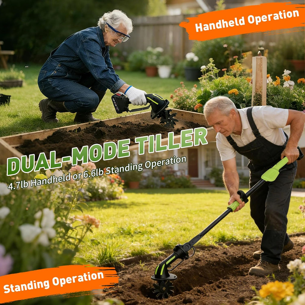 21V 2-in-1 Cordless Mini Tiller Cultivator with 2×4.0Ah Batteries, 235RPM Electric Garden Rototiller, 4' Width & Depth Soil Cultivator with Extension Rod, Lightweight Handheld Tiller for Garden Beds