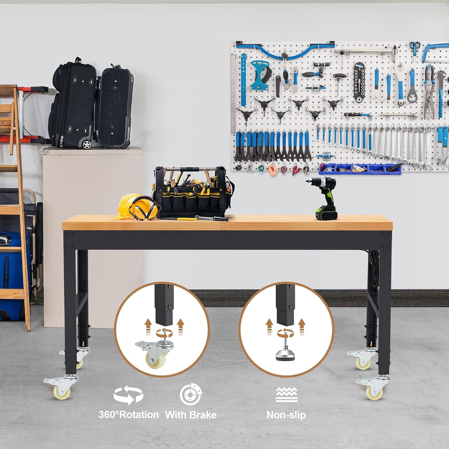 HABUTWAY Height Adjustable Workbench with Wheels 60' 2000 Lbs Capacity Solid Wood Work Station Heavy-Duty Rolling Work Tables for Garage Party Shop Office
