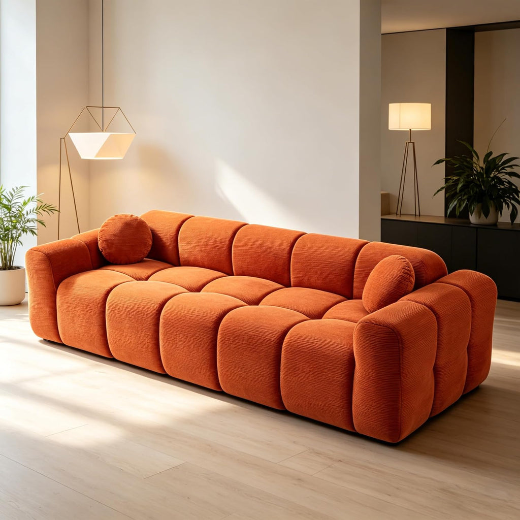 98.4-Inch Oversized Boneless Cloud Couches Deep Seat Foam Sofa Couch with 2 Round Toss Pillows, Luxury Corduroy Upholstered 3 Seat Tufted Loveseat, Cloud Sofa in a Box