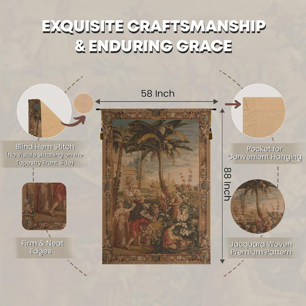 Charlotte Home Furnishings Inc. La Recolte Des Ananas I French Tapestry Wall Hanging 88 X 58 Inch Viscose Cotton And Polyester Blend Wall Art Perfect For Home Decor And Wall Decor