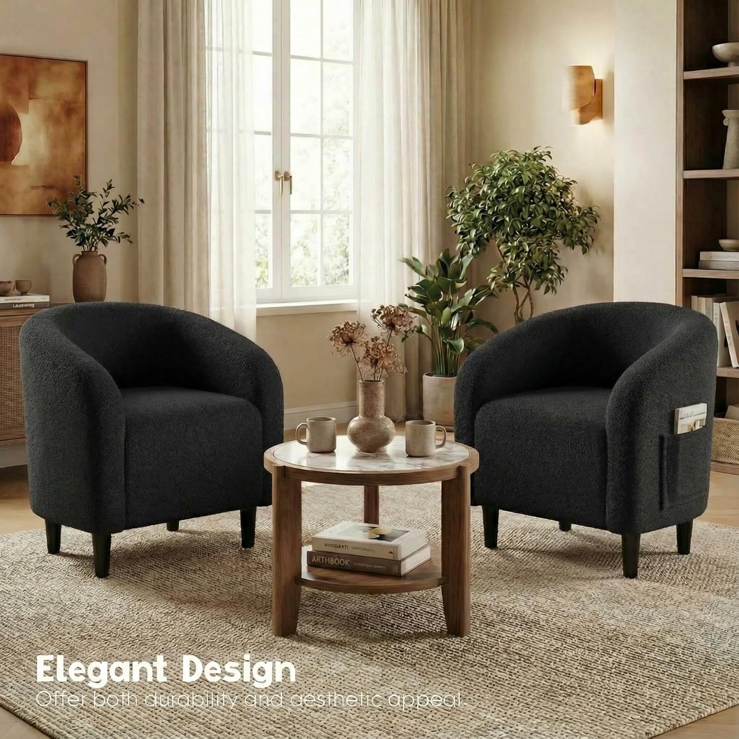 Modern Accent Barrel Chair, Comfy Teddy Fabric Club Armchair with Side Pocket, Easy Assembly Living Room Corner Chair for Bedroom, Office, Reception Space