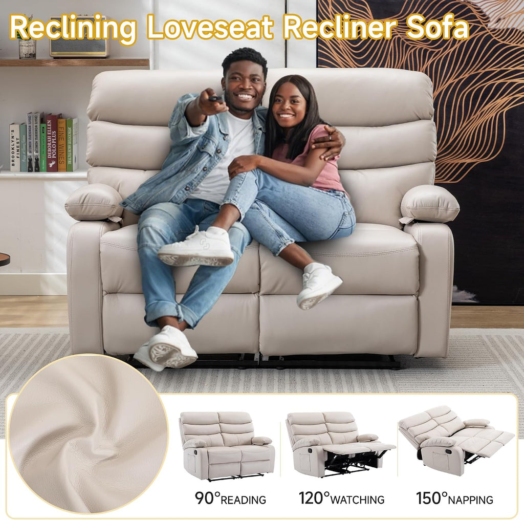 Double Recliner Loveseat, Leather Reclining Loveseat, 2 Recliners Set, Wall Hugger Loveseat Recliner Sofa for Living Room, RV, Home Theater Seating(Beige, 2 Seater Sofa)