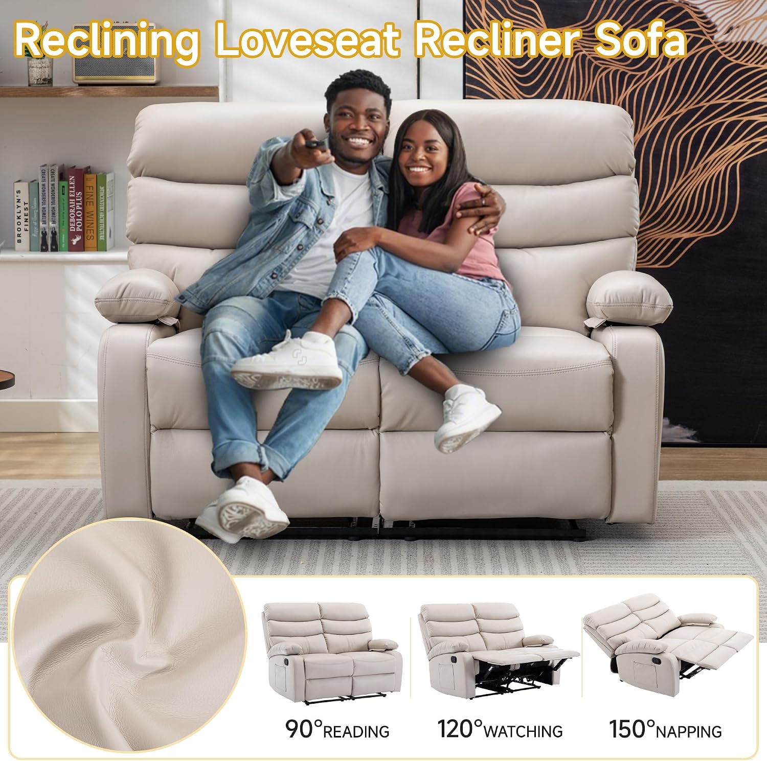 Double Recliner Loveseat, Leather Reclining Loveseat, 2 Recliners Set, Wall Hugger Loveseat Recliner Sofa for Living Room, RV, Home Theater Seating(Beige, 2 Seater Sofa)