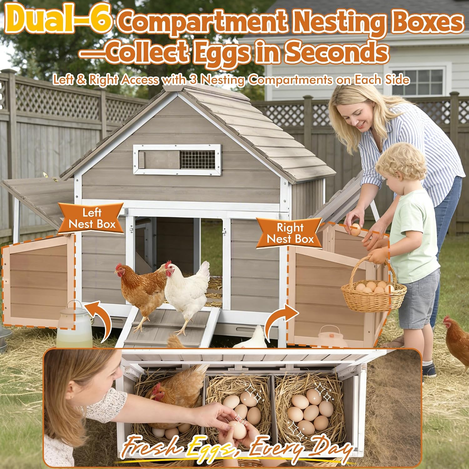 Ketive Large Chicken Coop for 2–4 Chickens Outdoor Poultry Cage Wooden Hen House with 6 Nesting Boxes, Reinforced Boxes, Dual Ramp Doors, Curved Wood Roof, Tray, Expandable (61.1'L x 38'W x 40.2'H)