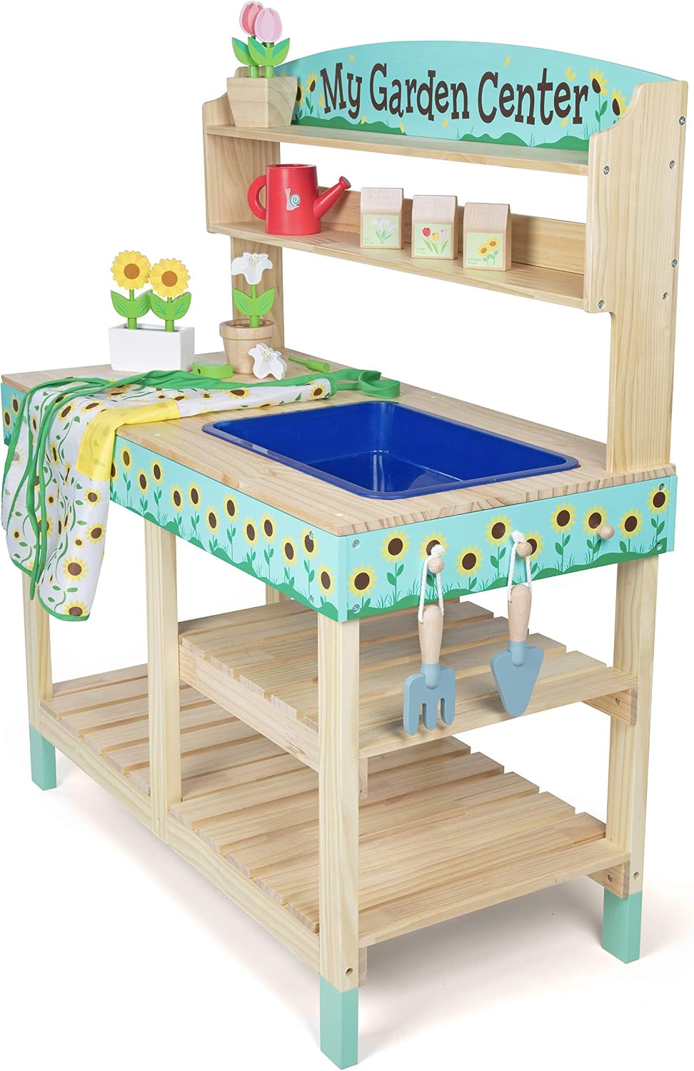Bloom & Grow Gardening Center Wooden Toy Indoor Playset- 22 Pc Garden Stand Set w Flowers, Seed Packet, Pots Shovel Rake Apron Watering Pot- Interactive Fun Pretend Playtime Activity, Kids Summer Gift