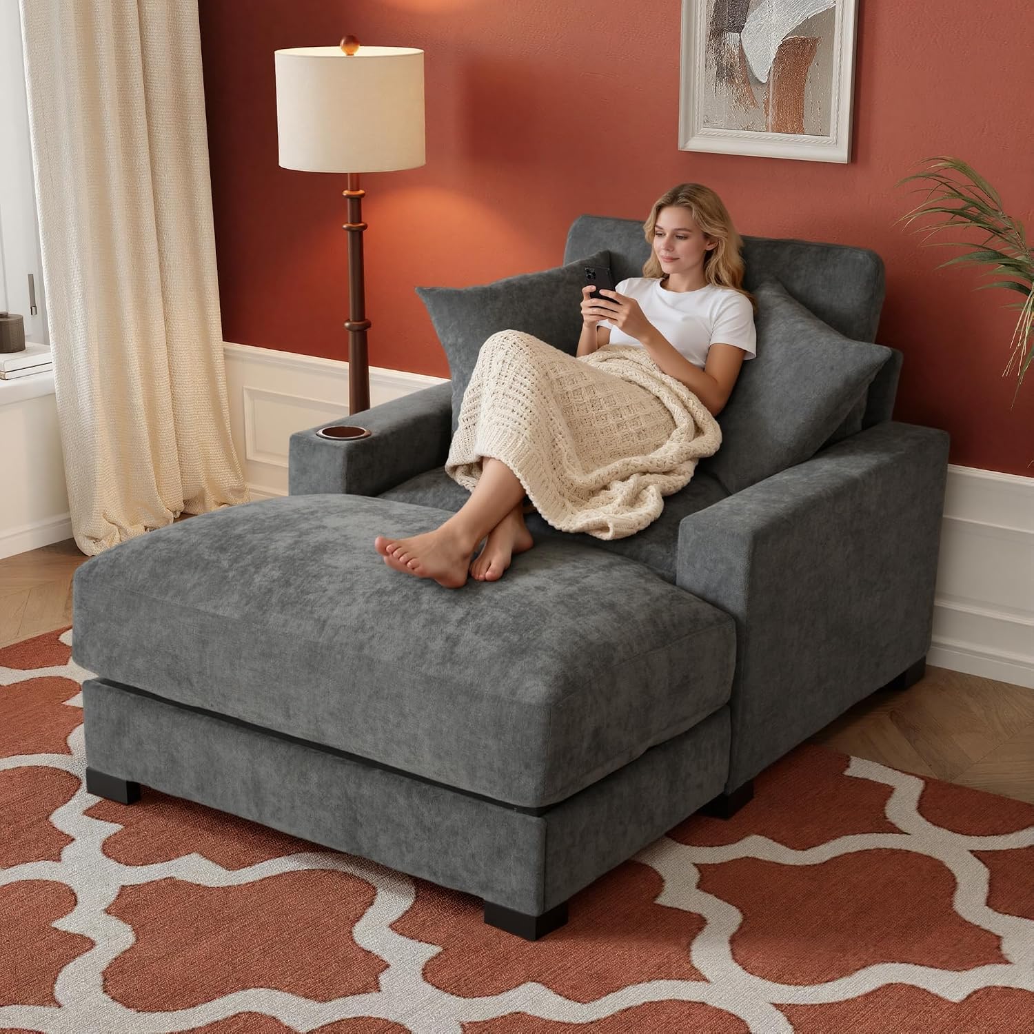 Oversized 60' Chaise Lounge Sofa, Chaise Lounge Recliner with Adjustable Backrest, Built-in Cup Holder USB and Type-C Port, 2 Pillows, Sleeper Couch with Deep Seat for Living Room, Bedroom, Gray