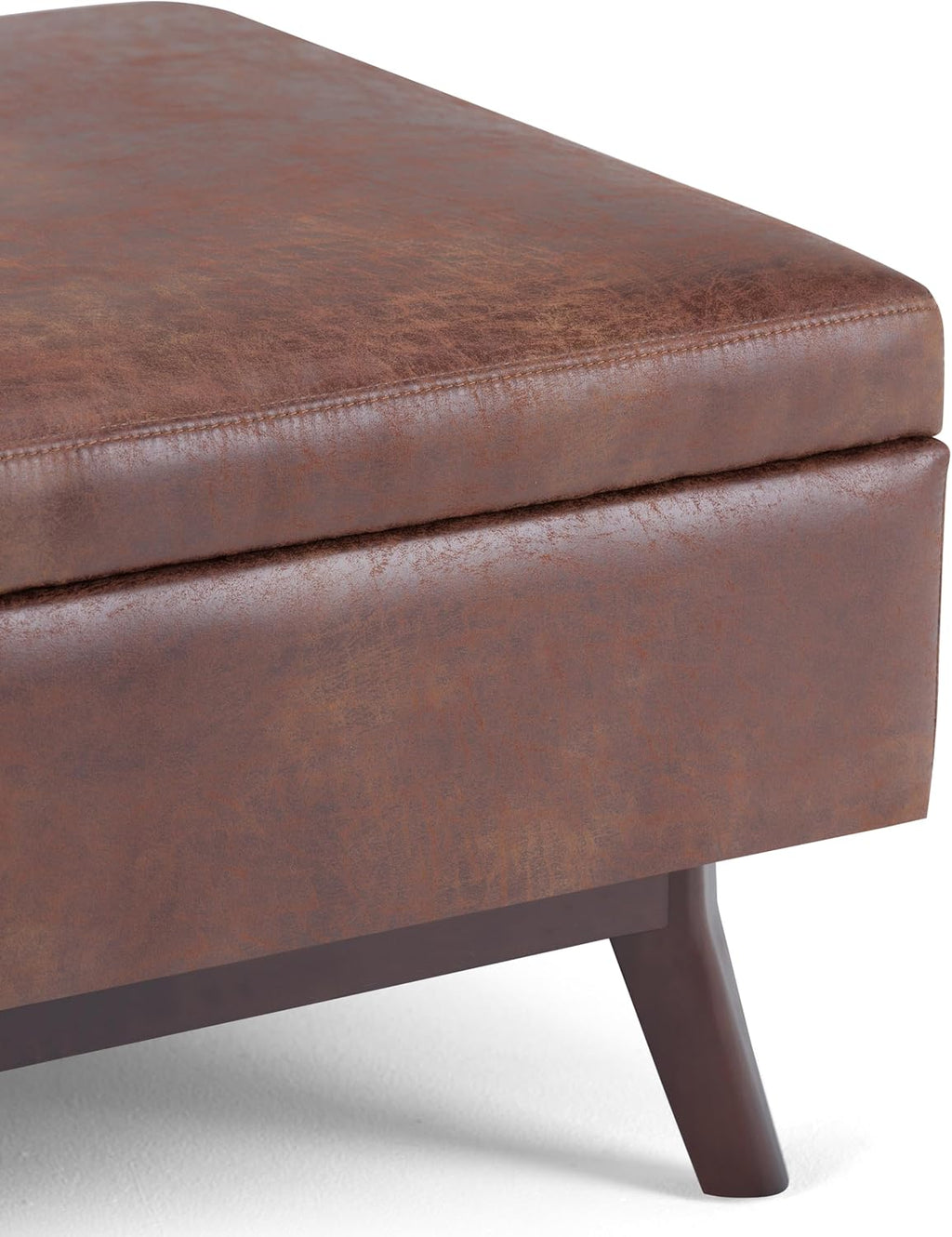 SIMPLIHOME Owen Coffee Table Storage Ottoman - 34' Wide x 19' High Upholstered Vegan Leather Rectangular Lift-Top Ottoman in Distressed Saddle Brown, Mid-Century Modern Bench with Tapered Legs