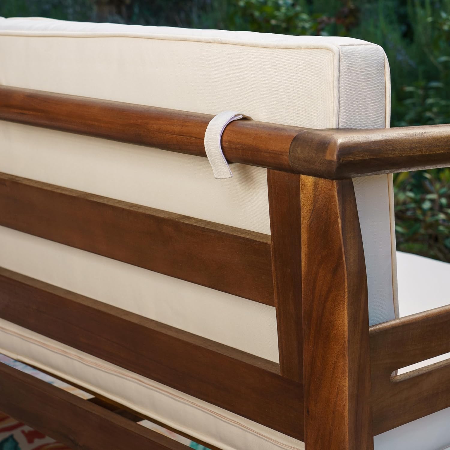 Linon Harbor Oiled Acacia Wood Two Piece Outdoor Set with Revmoable Cream Cushions Includes Loveseat and Coffee Table