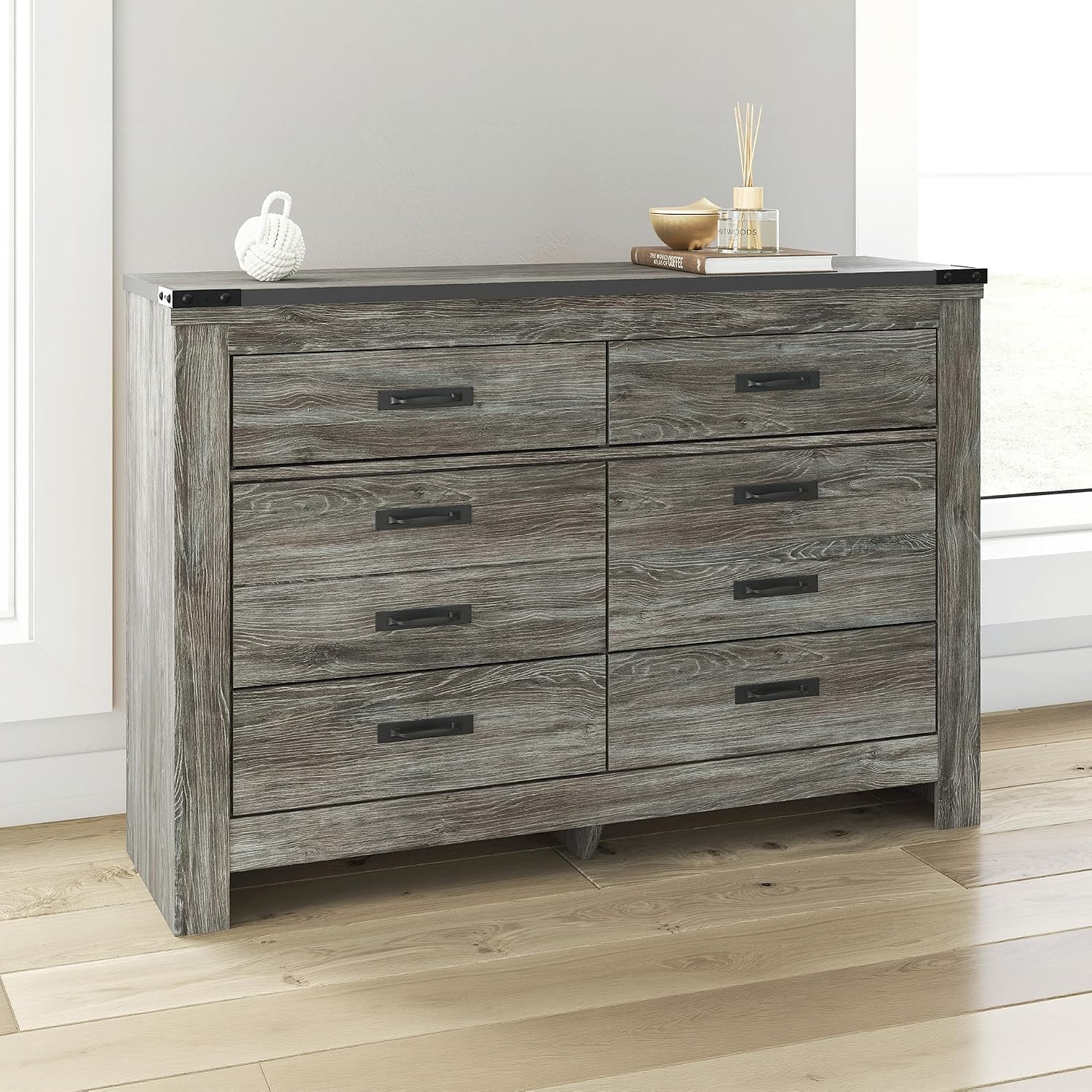 Signature Design by Ashley Frandern Casual Rustic Dresser with 6 Smooth-Gliding Drawers, Meets ASTM International Safety Standards, Wood and Decorative Laminate, Gray