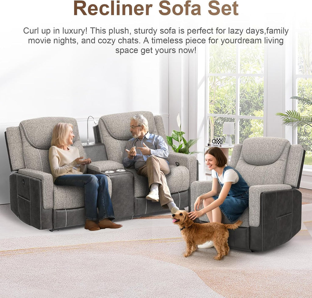 Dresegmt Manual Loveseat Recliner Sofa Set, 2 Seater Reclining Loveseat with Storage Console and Single Oversize Recliner Chair, 2+1 Pieces Luxury Living Room Furniture Set, Couches for RV (Grey)