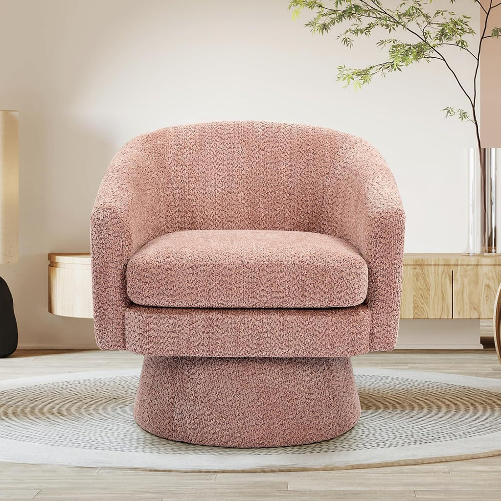 360° Swivel Barrel Accent Chair, Modern Chenille Upholstered Armchair with Curved Back, Soft Cushion & Arms, Wooden Frame, Storage Pocket, Comfy Reading Lounge Chair for Living Room, Bedroom, Office