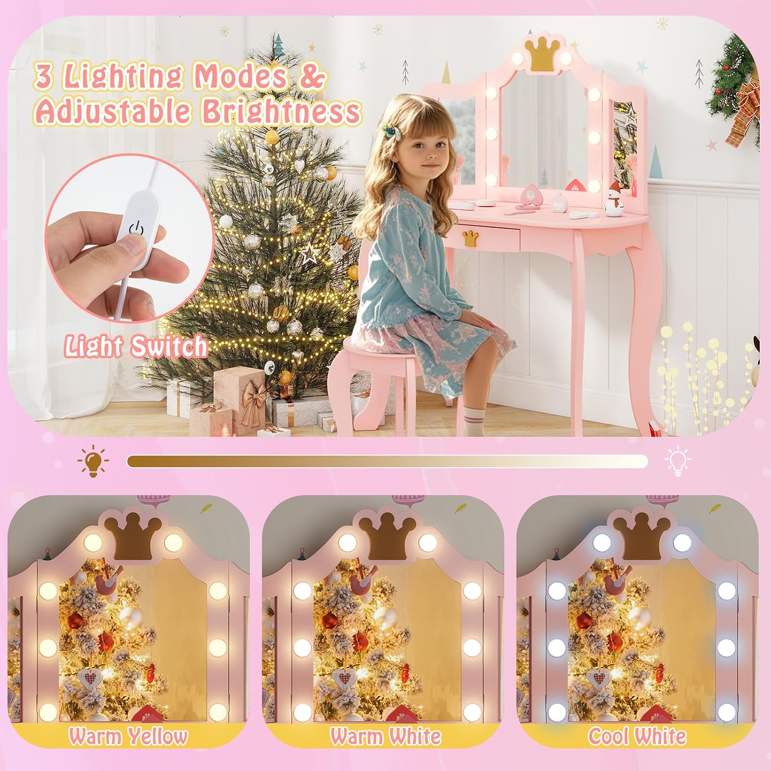 HONEY JOY Kids Vanity with Lights, Crown Girls Vanity Set with Mirror and Stool and Lights, Toddler Vanity, Wooden Makeup Table for Little Girls, Pretend Play Kids Vanity Table and Chair Set(Pink)