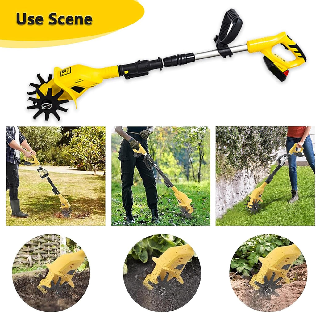 Electric Garden Tiller, Rototiller Tool with Aluminum Alloy Telescopic Rod, Ergonomic Handle, Electric Garden Rototiller for Garden Lawn Soil Digging, Included Battery