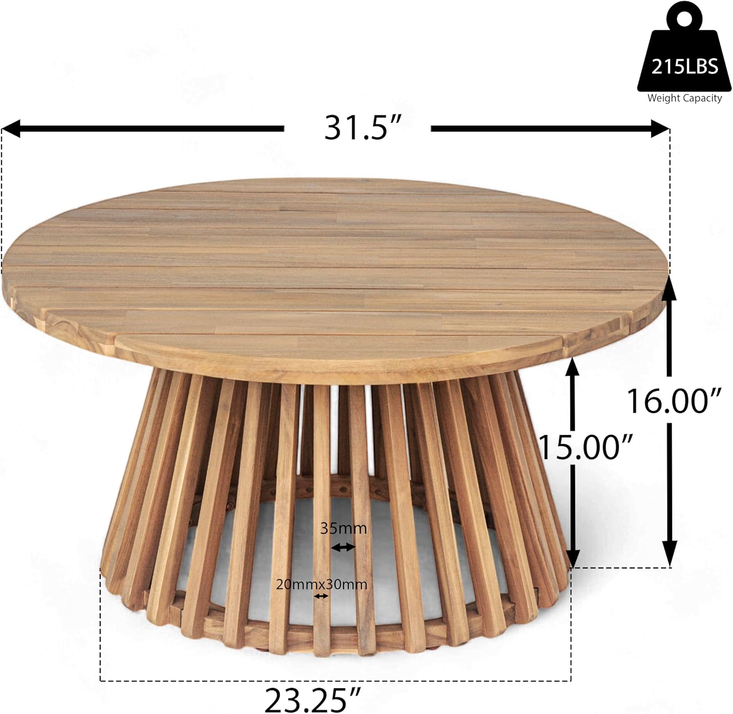 Christopher Knight Home Hakee Acacia Wood Patio Coffee Table, Round Coffee Table with Unique Wooden Base, Stylish Indoor/Outdoor Table, Easy Assembly, 31.5' x 31.5' x 16', Light Teak